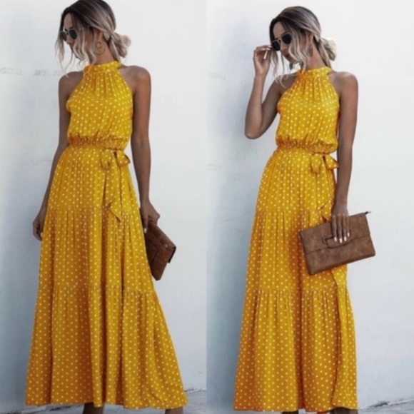 Boho polka dot belted layer ruffle halter dress - Picture 3 of 4